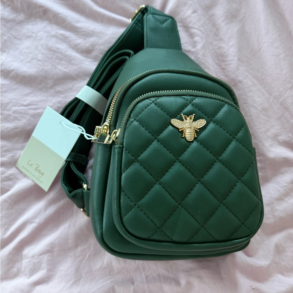 Green Quilted Crossbody Bag with Bee Detail